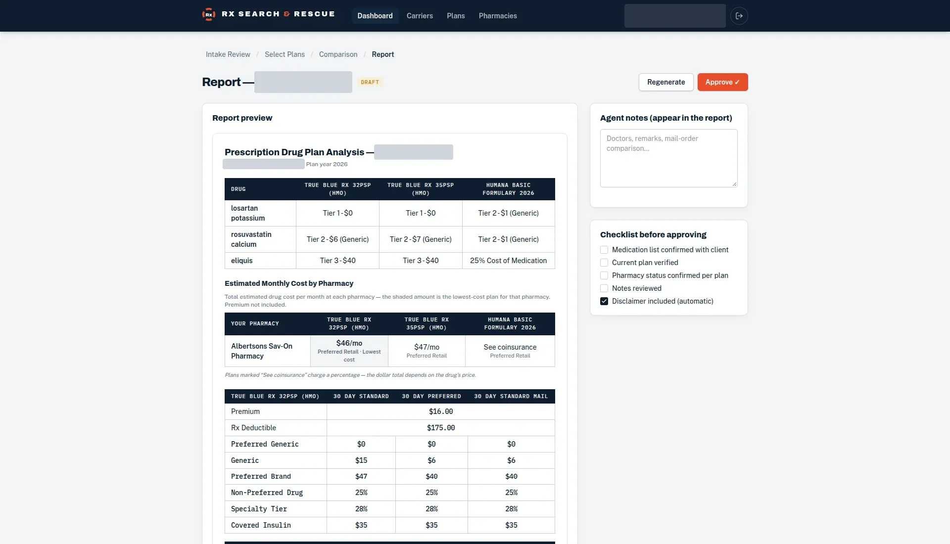 Rx Search & Rescue report preview with drug tiers per plan, estimated monthly cost by pharmacy, agent notes and an approval checklist