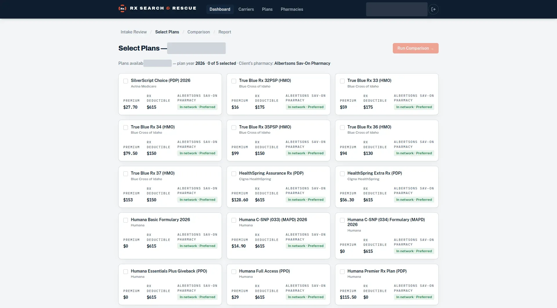 Rx Search & Rescue plan selection listing Medicare drug plans with premium, drug deductible and pharmacy network status