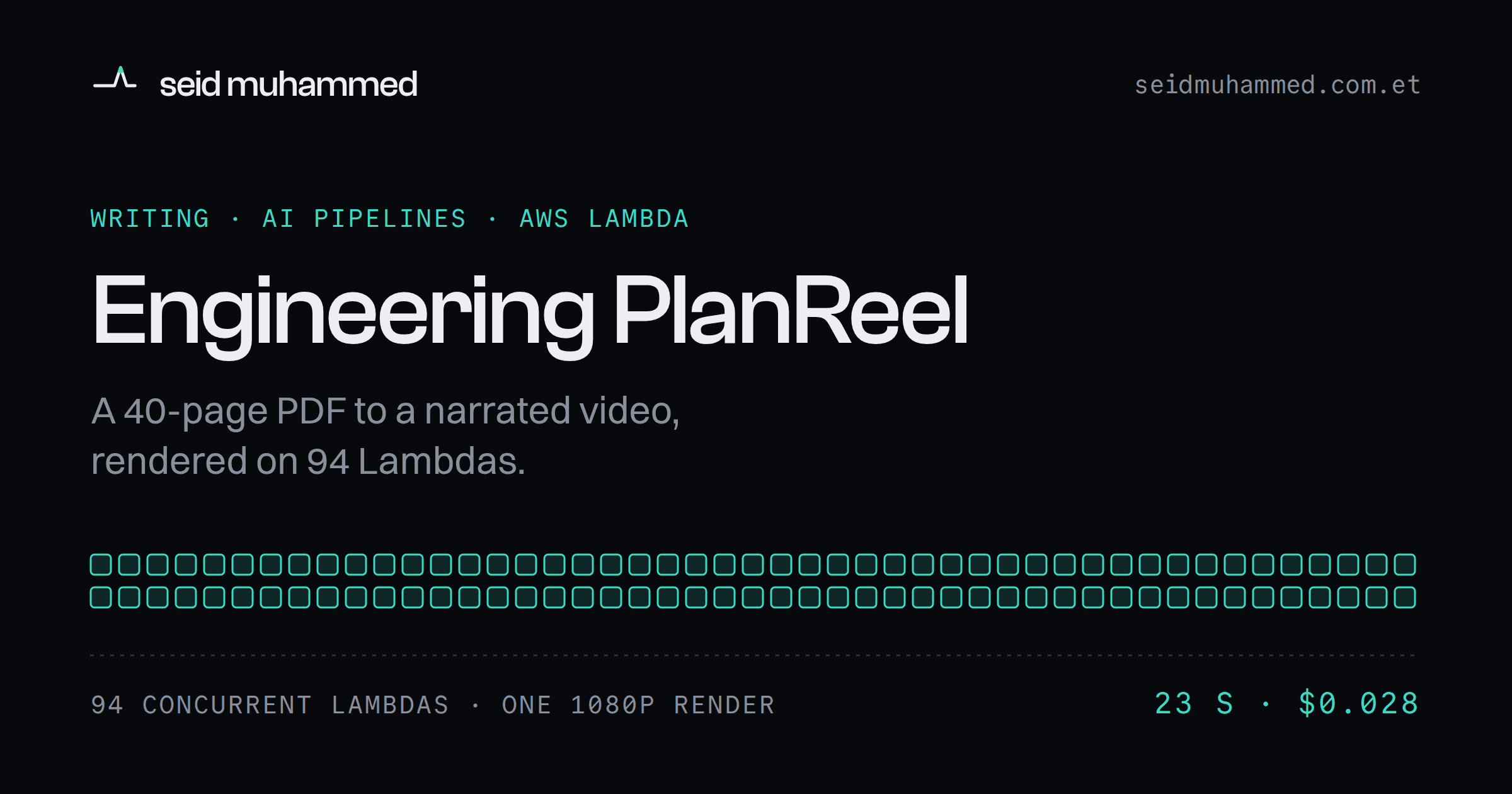 Cover for Engineering PlanReel, a 40-page PDF to a narrated video rendered on 94 AWS Lambda functions in 23 seconds for $0.028