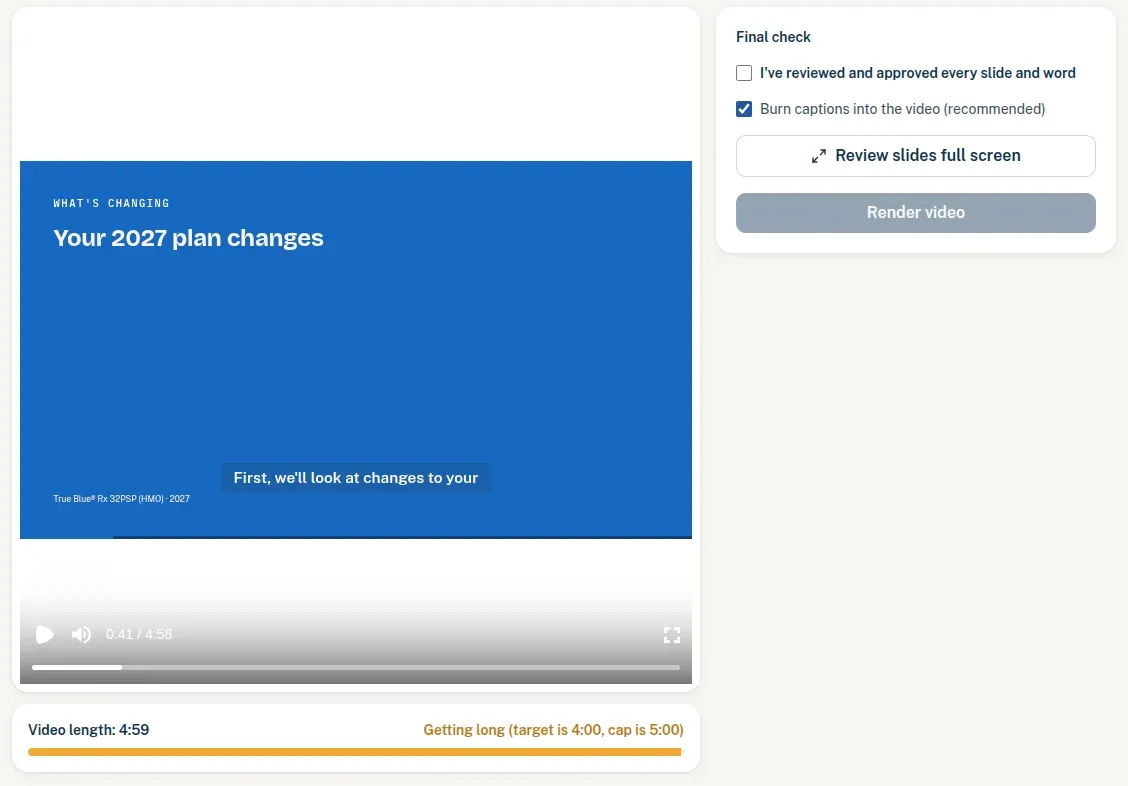 PlanReel render step with a final check asking the agent to approve every slide and word before the video can render