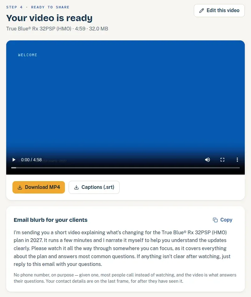 PlanReel ready screen with the finished video, MP4 and caption downloads, and an email blurb for clients