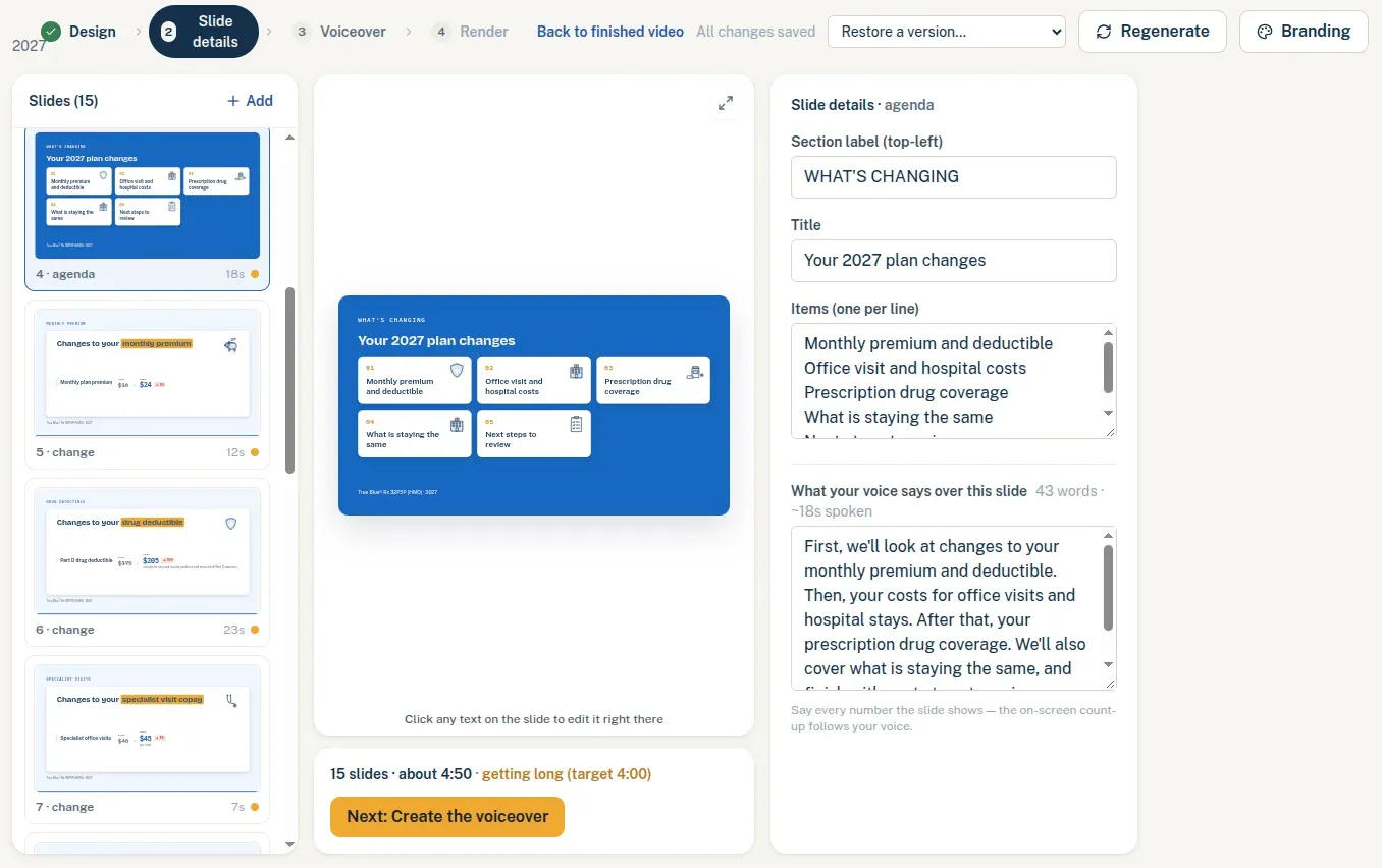 PlanReel slide details editor with the slide list, a live slide preview, and fields for the title, items and the narration spoken over the slide